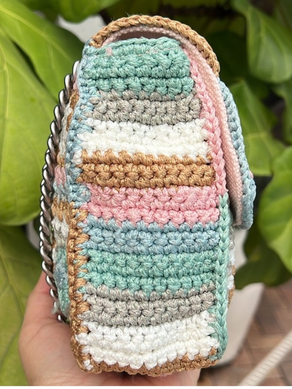 Kurt Geiger Kensington crochet patchwork boho crossbody bag pastel blue pink - Picture 5 of 13
